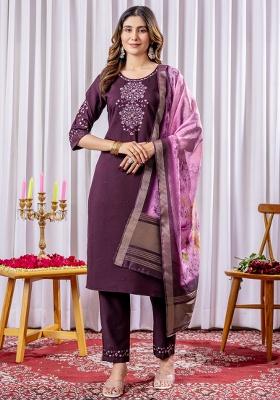 Wine Embroidery Silk Salwar Kameez With Dupatta