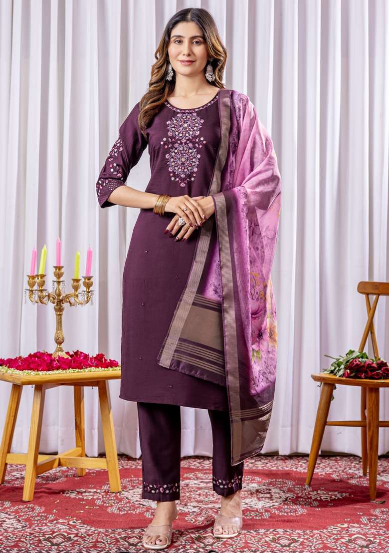 Wine Embroidered Silk Blend Straight Kurta Set - Indya
