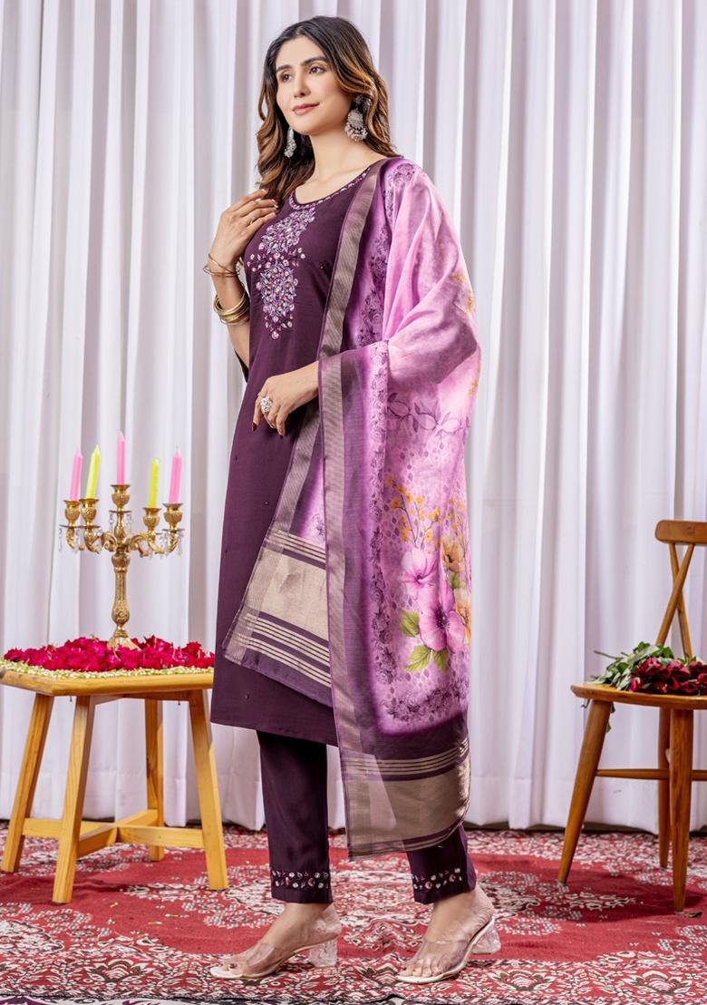 Wine Embroidery Silk Salwar Kameez With Dupatta - Indya