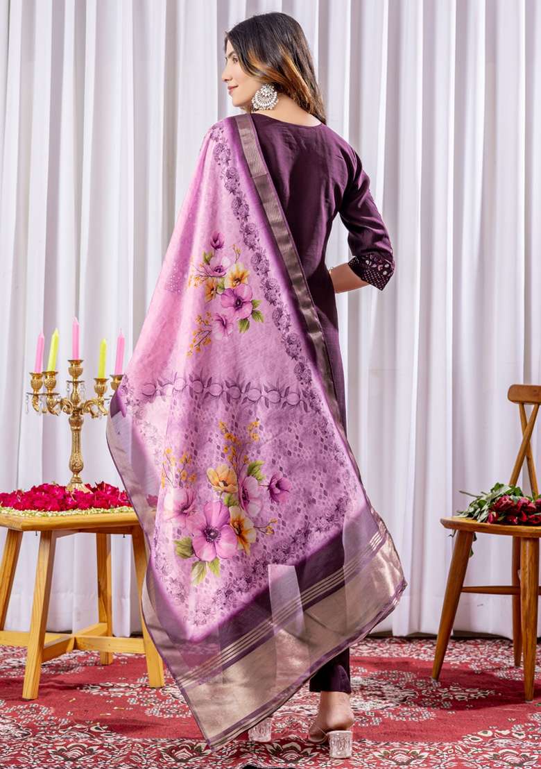 Wine Embroidered Silk Blend Straight Kurta Set - Indya
