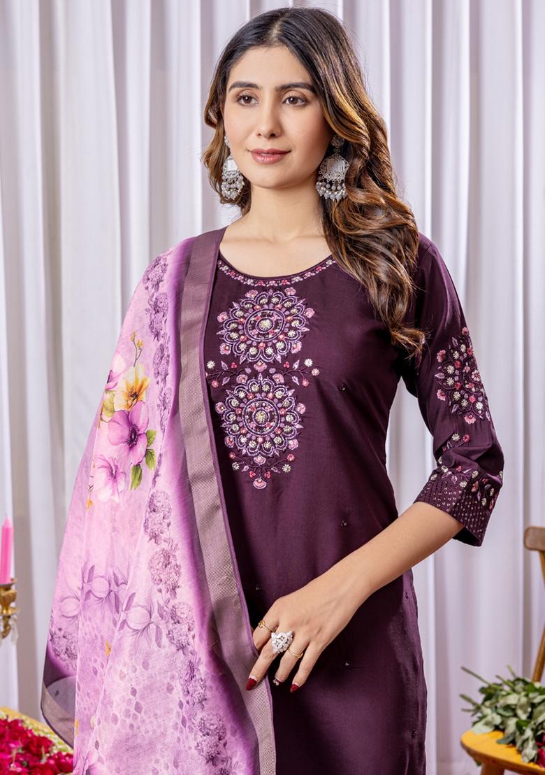 Wine Embroidery Silk Salwar Kameez With Dupatta - Indya
