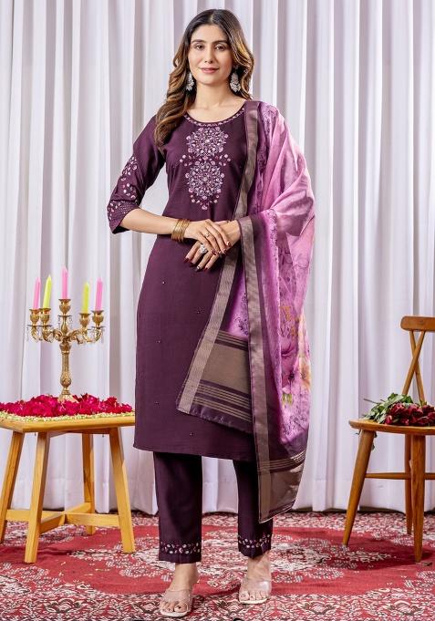 Wine Embroidery Silk Salwar Kameez With Dupatta