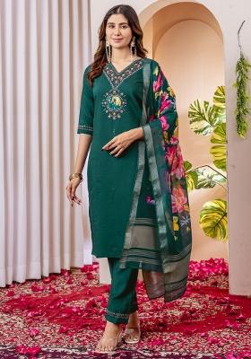 Green Embroidery Silk Salwar Kameez With Dupatta