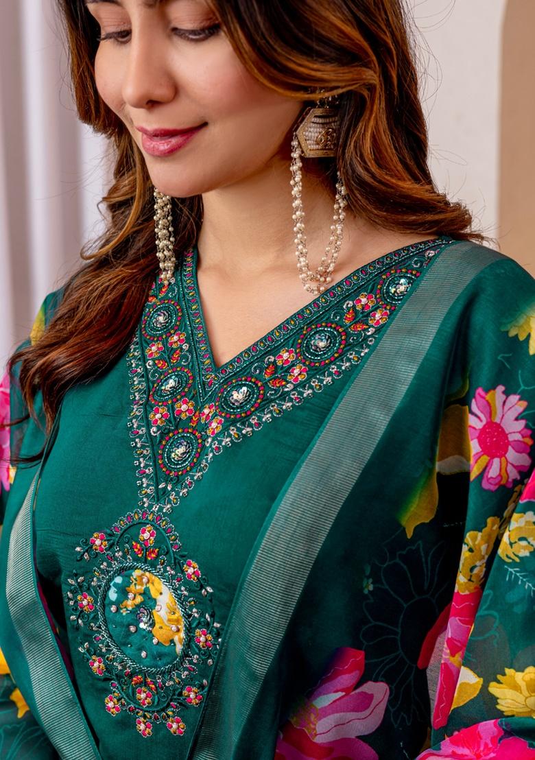 Green Embroidery Silk Salwar Kameez With Dupatta - Indya