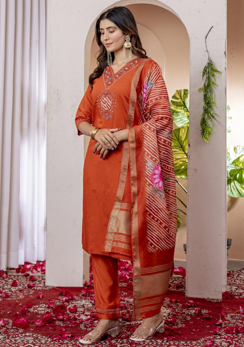 Orange Embroidery Silk Salwar Kameez With Dupatta - Indya