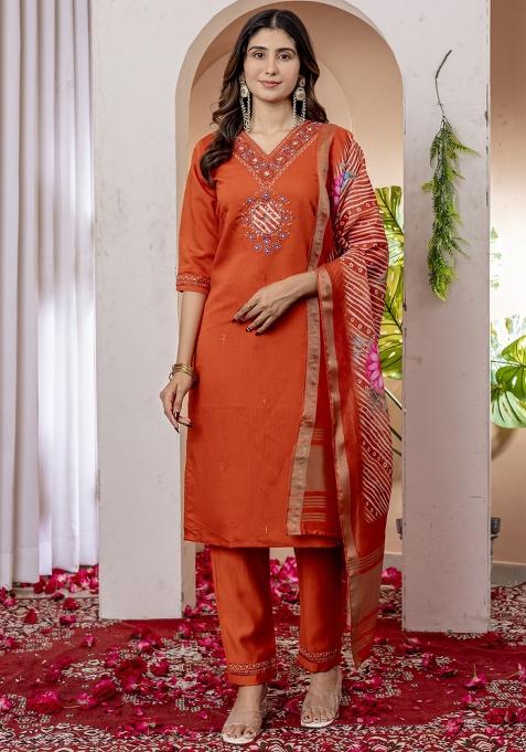 Orange Embroidery Silk Salwar Kameez With Dupatta