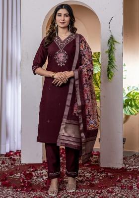 Wine Embroidery Silk Salwar Kameez With Dupatta