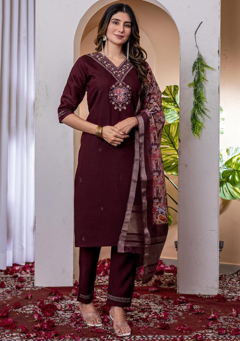 Wine Embroidery Silk Salwar Kameez With Dupatta - Indya