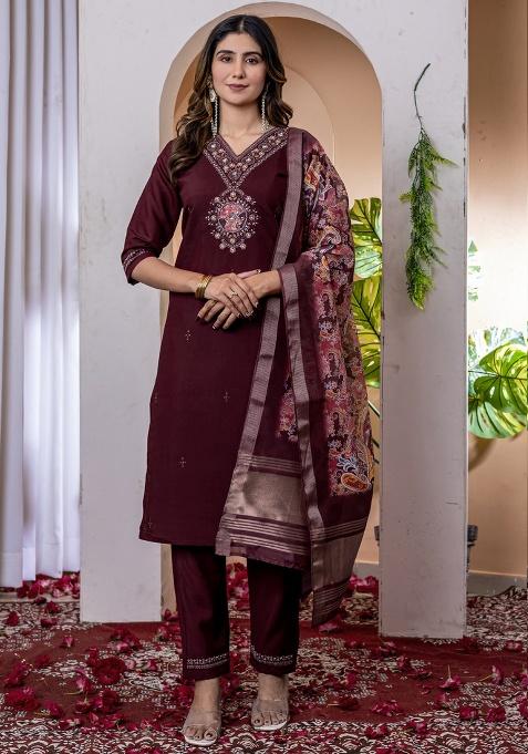 Wine Embroidery Silk Salwar Kameez With Dupatta