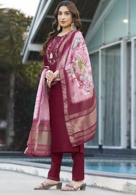 Mahendi Embroidery Silk Salwar Kameez With Dupatta