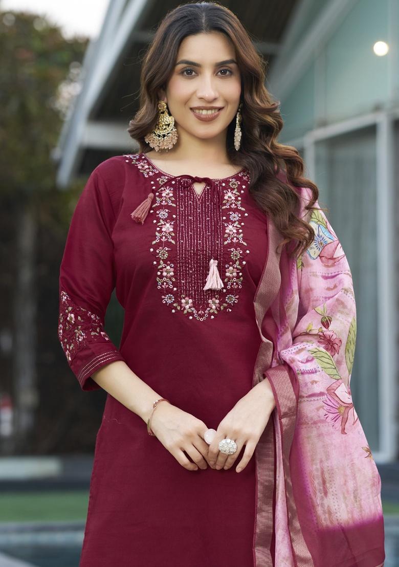 Mahendi Embroidery Silk Salwar Kameez With Dupatta - Indya