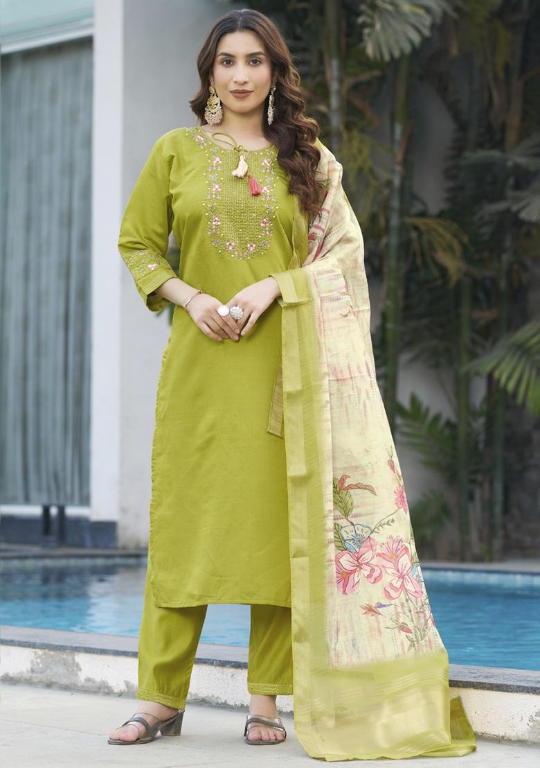 Parrot Green Embroidery Silk Salwar Kameez With Dupatta - Indya