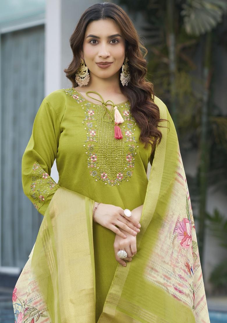 Parrot Green Embroidery Silk Salwar Kameez With Dupatta - Indya
