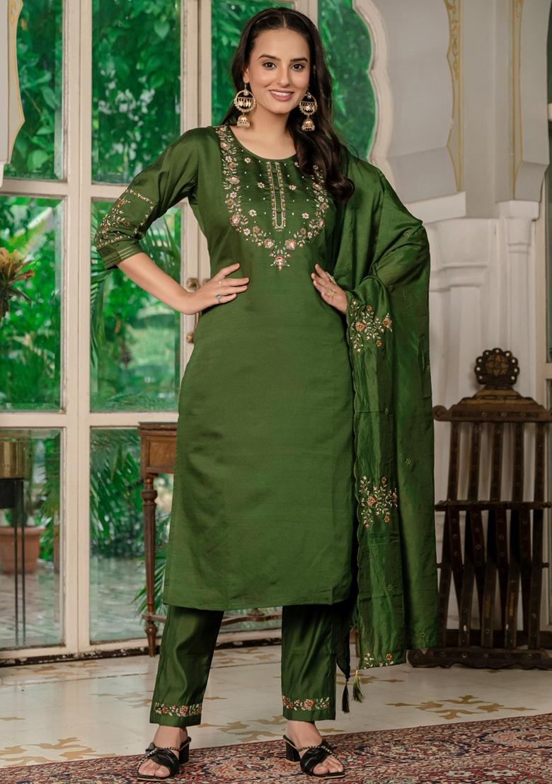 Mahendi Embroidery Silk Salwar Kameez With Dupatta - Indya