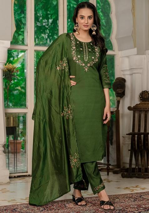 Mahendi Embroidery Silk Salwar Kameez With Dupatta