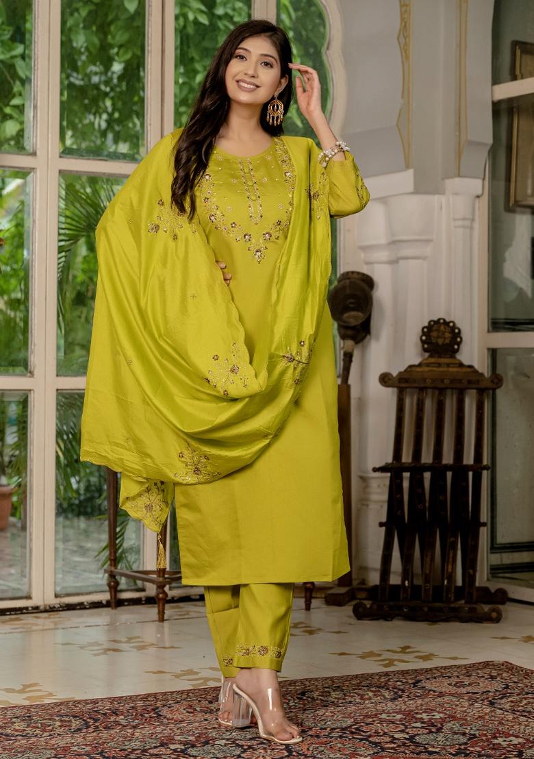 Mustard Embroidery Silk Salwar Kameez With Dupatta - Indya