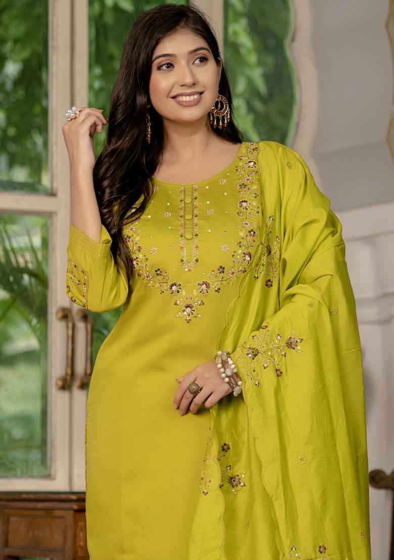 Mustard Embroidery Silk Salwar Kameez With Dupatta - Indya