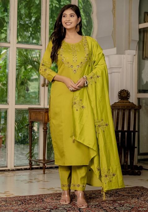 Mustard Embroidery Silk Salwar Kameez With Dupatta