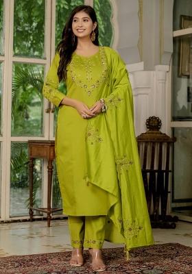 Parrot Green Embroidery Silk Salwar Kameez With Dupatta