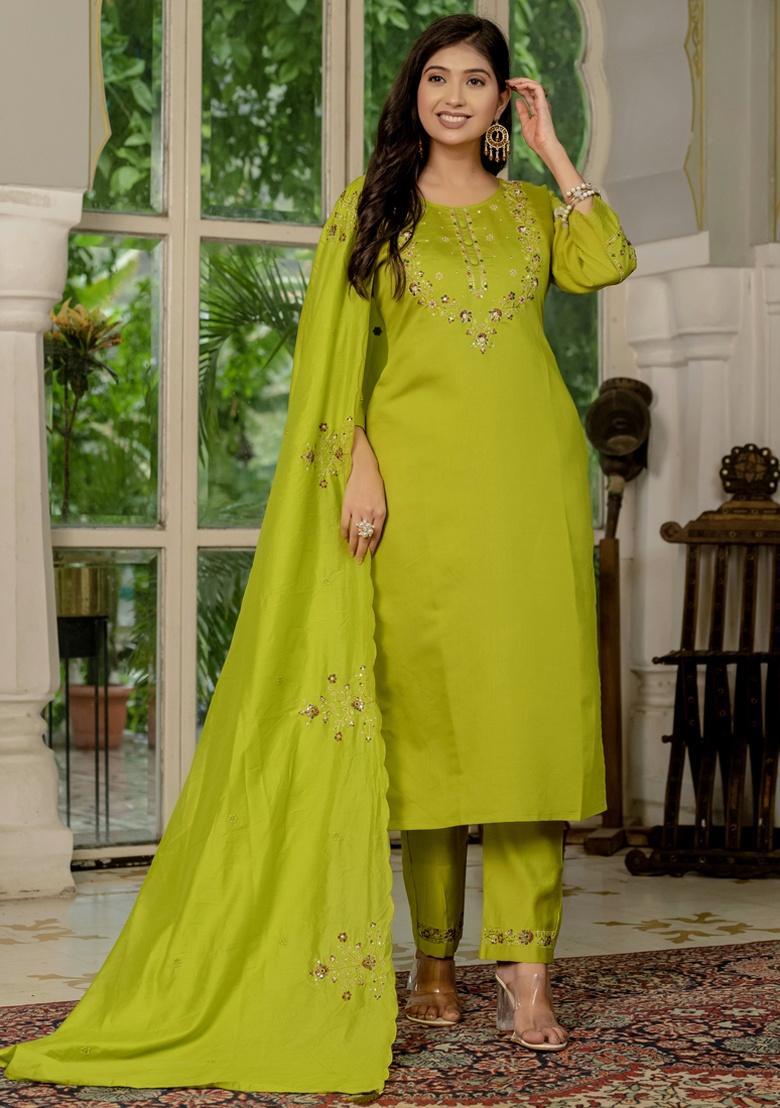 Parrot Green Embroidery Silk Salwar Kameez With Dupatta - Indya