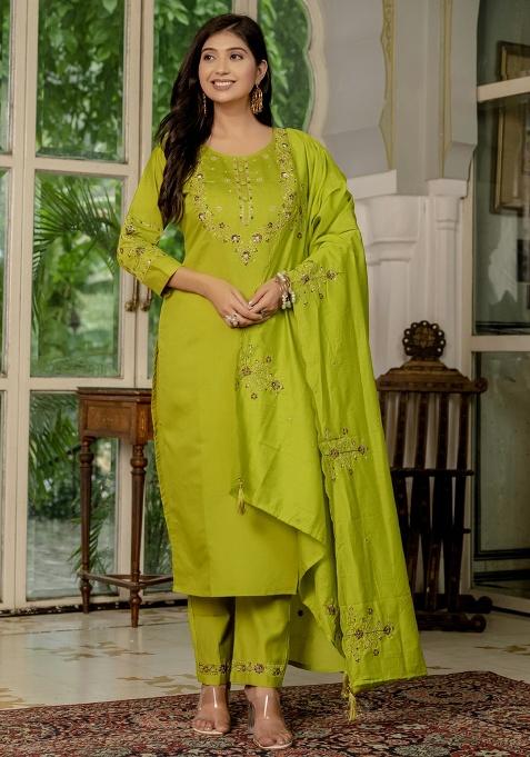 Parrot Green Embroidery Silk Salwar Kameez With Dupatta