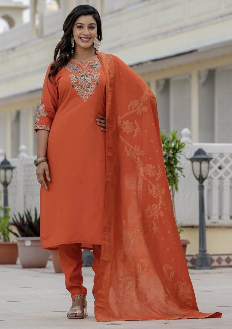 Orange Embroidery Silk Salwar Kameez With Dupatta - Indya