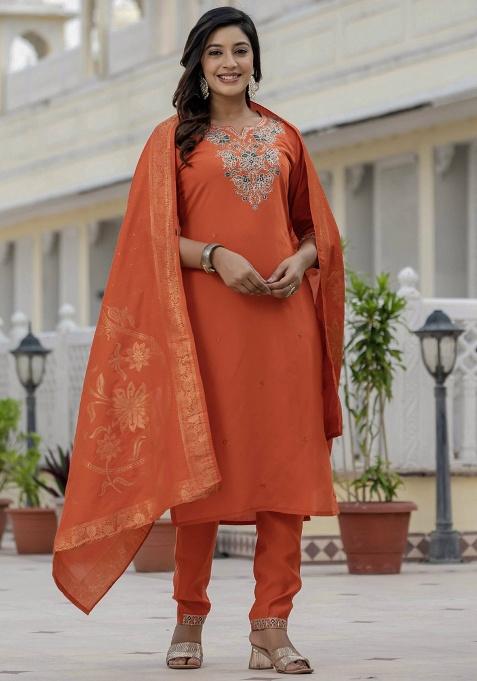 Orange Embroidery Silk Salwar Kameez With Dupatta