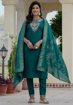 Rama Green Embroidery Silk Salwar Kameez With Dupatta