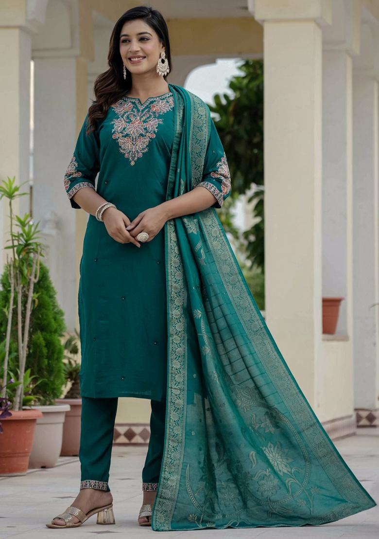 Rama Green Embroidery Silk Salwar Kameez With Dupatta - Indya
