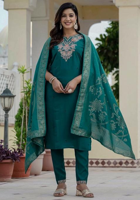 Rama Green Embroidery Silk Salwar Kameez With Dupatta