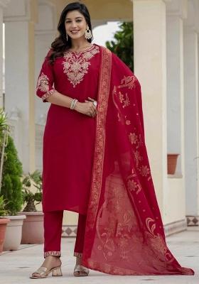 Red Embroidery Silk Salwar Kameez With Dupatta