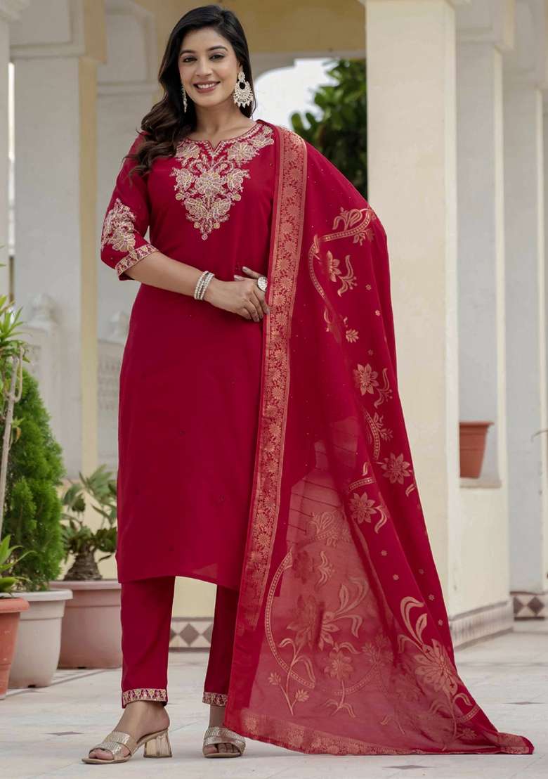 Red Embroidered Silk Blend Straight Kurta Set - Indya