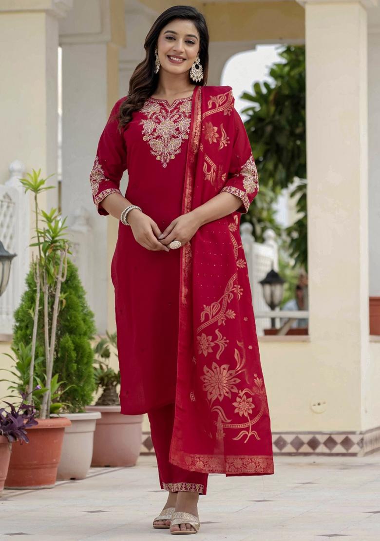 Red Embroidery Silk Salwar Kameez With Dupatta - Indya