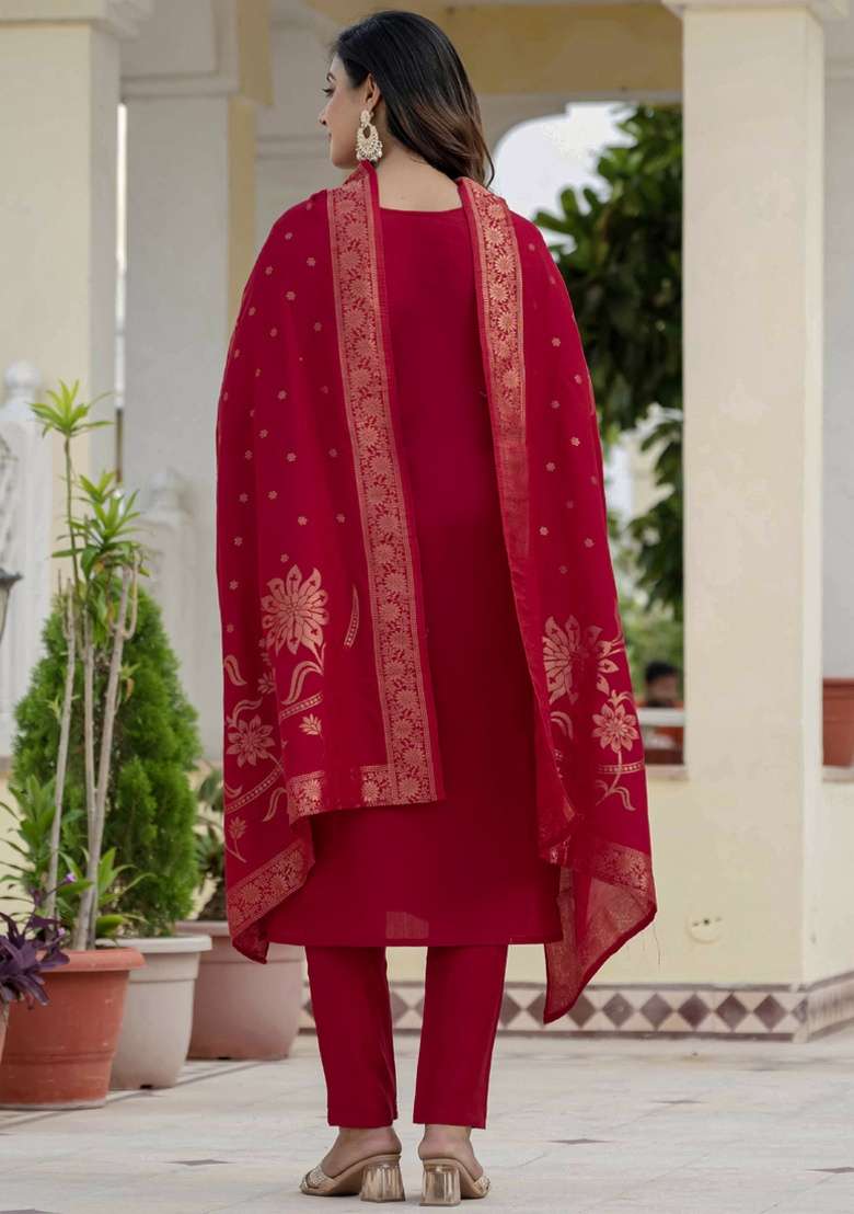 Red Embroidered Silk Blend Straight Kurta Set - Indya