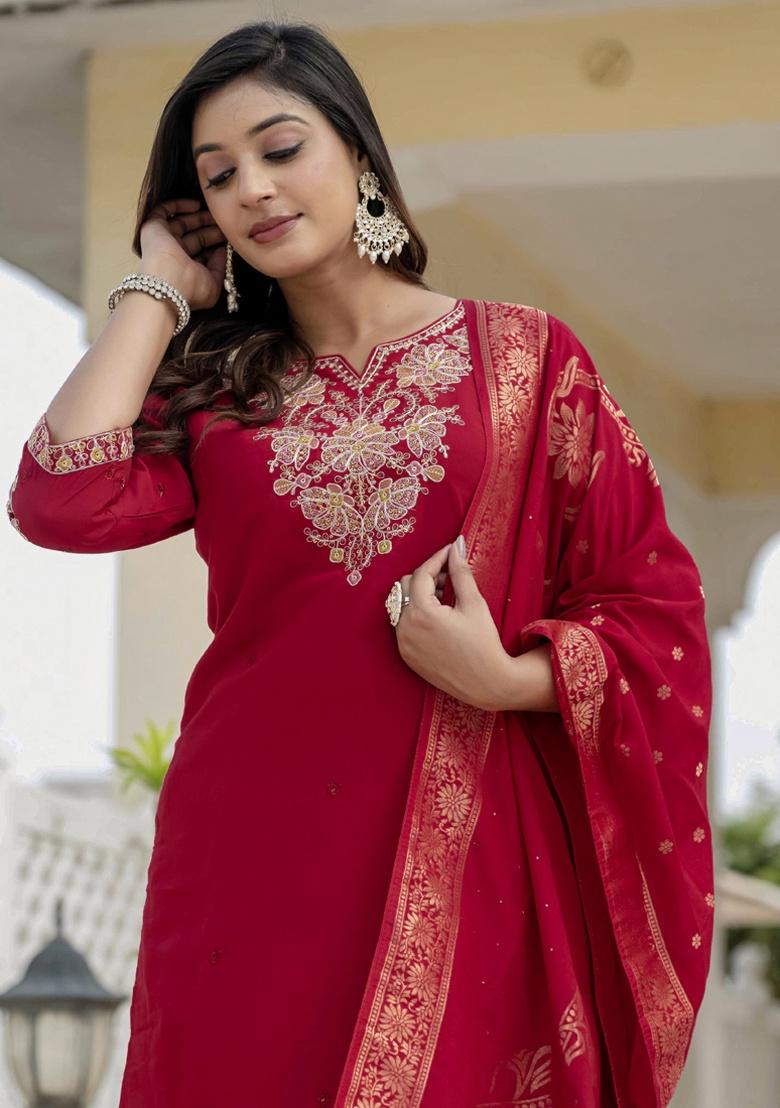 Red Embroidery Silk Salwar Kameez With Dupatta - Indya
