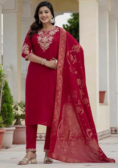 Red Embroidery Silk Salwar Kameez With Dupatta