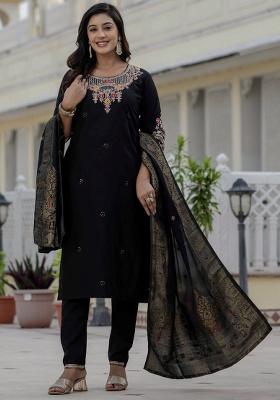 Black Embroidery Silk Salwar Kameez With Dupatta