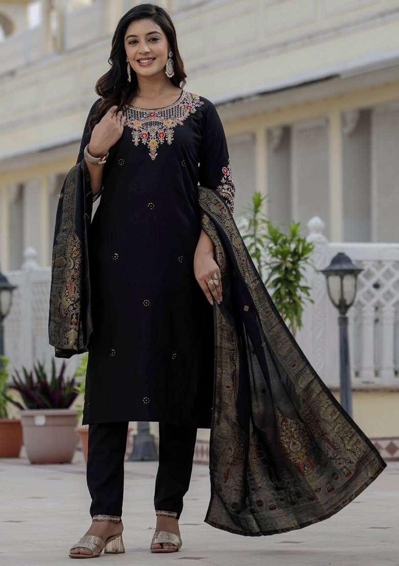 Black Embroidered Silk Blend Straight Kurta Set - Indya