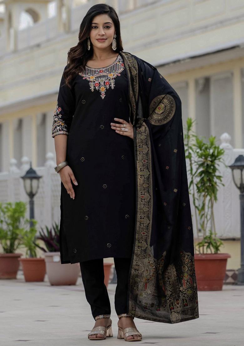 Black Embroidery Silk Salwar Kameez With Dupatta - Indya