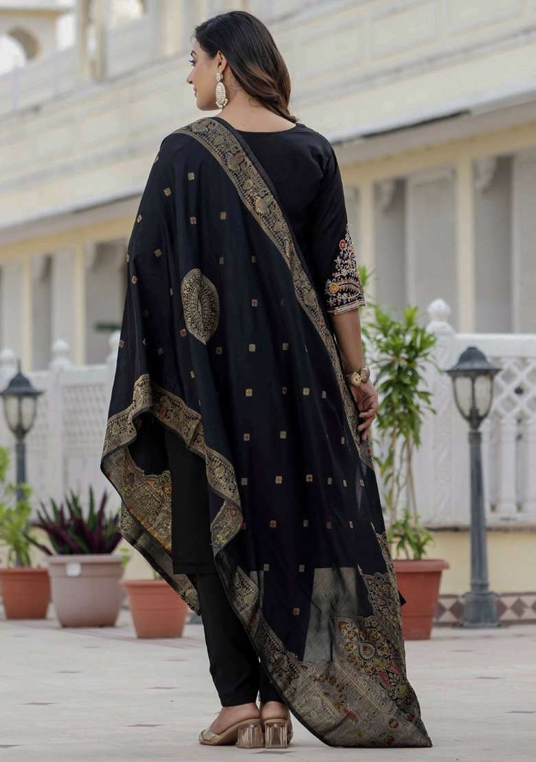 Black Embroidered Silk Blend Straight Kurta Set - Indya
