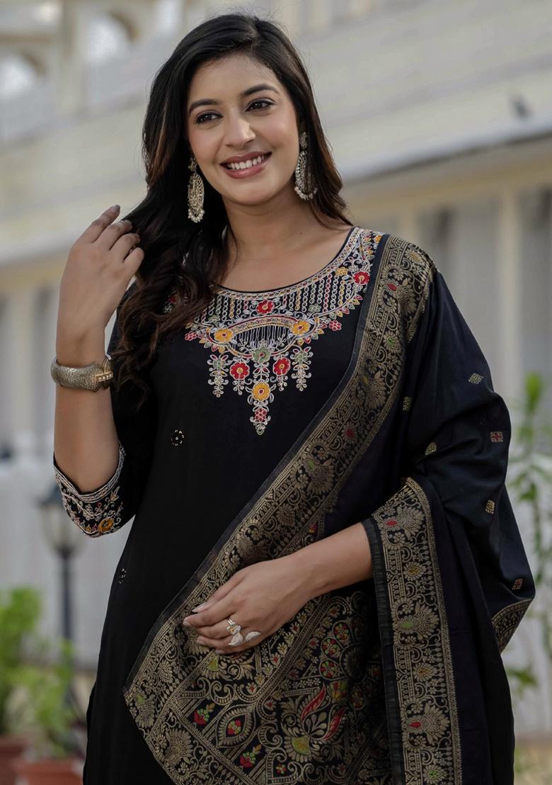 Black Embroidery Silk Salwar Kameez With Dupatta - Indya