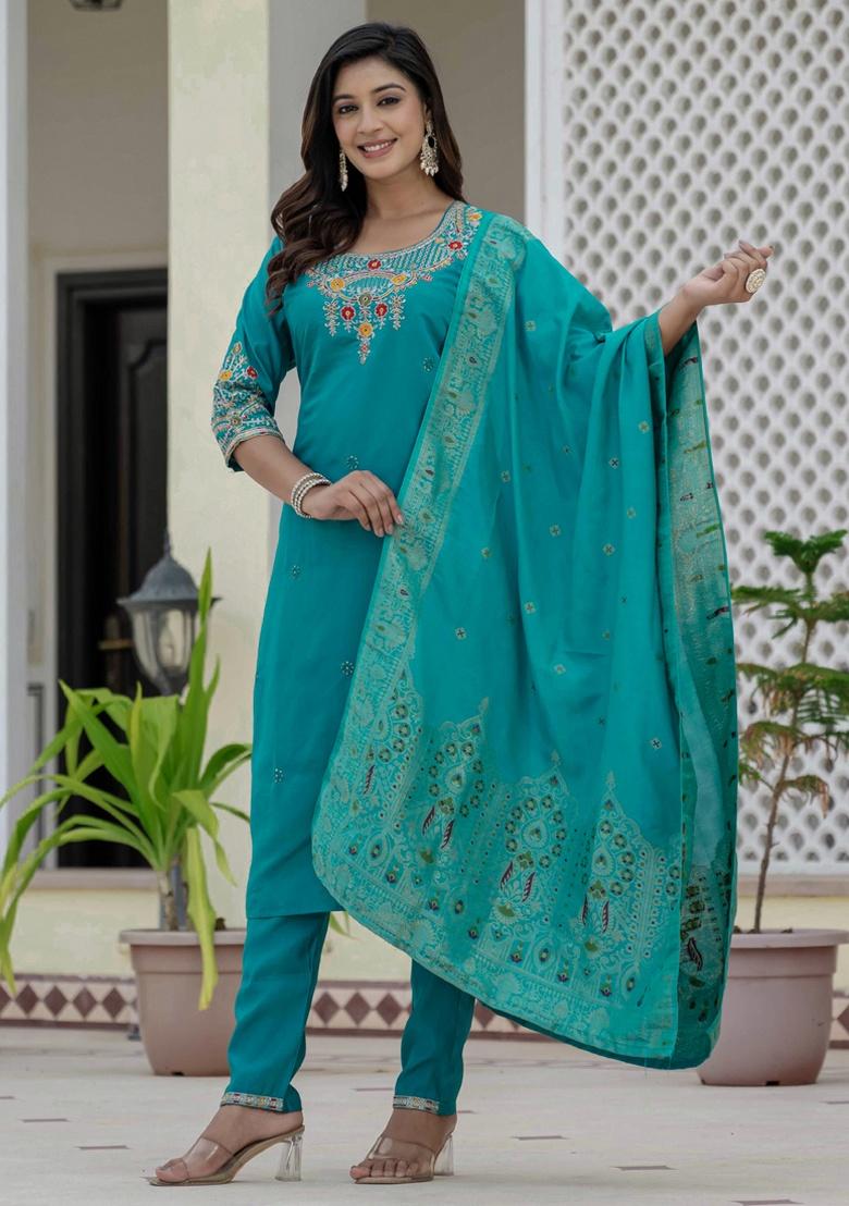 Firozi Embroidery Silk Salwar Kameez With Dupatta - Indya