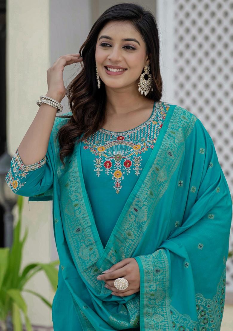 Firozi Embroidery Silk Salwar Kameez With Dupatta - Indya