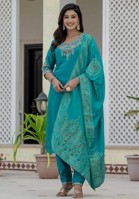 Firozi Embroidery Silk Salwar Kameez With Dupatta