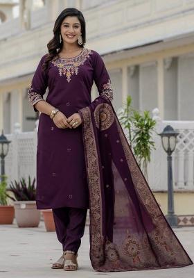 Wine Embroidery Silk Salwar Kameez With Dupatta