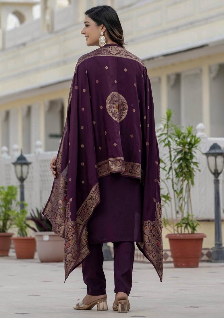 Wine Embroidery Silk Salwar Kameez With Dupatta - Indya