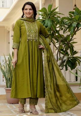 Mahendi Embroidery Silk Salwar Kameez With Dupatta