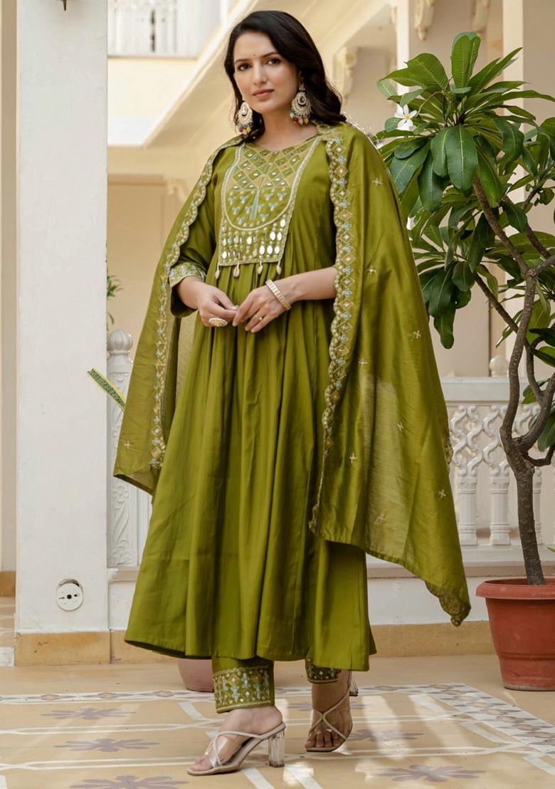 Mahendi Embroidery Silk Salwar Kameez With Dupatta - Indya