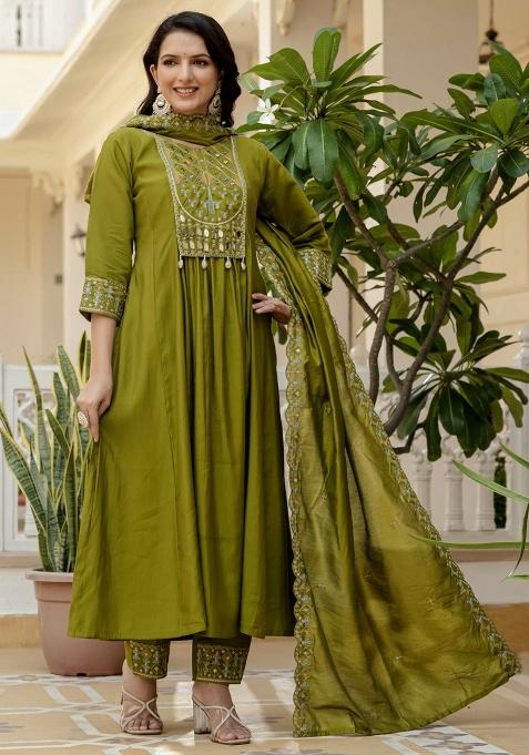 Mahendi Embroidery Silk Salwar Kameez With Dupatta