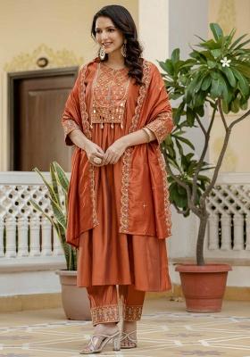 Orange Embroidery Silk Salwar Kameez With Dupatta